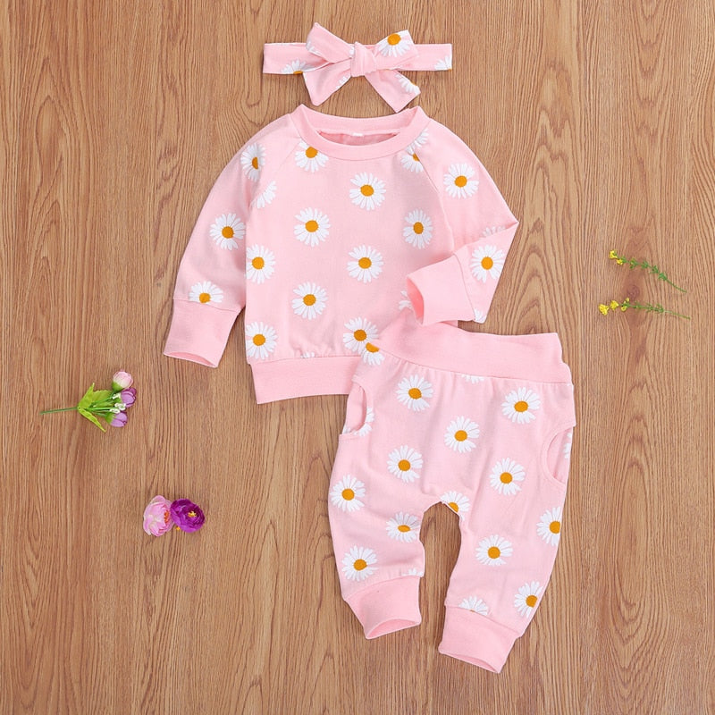 Enfant en bas âge nouveau-né bébé fille 0-24M, ensemble de vêtements d'automne marguerite haut en coton imprimé pantalons longs 2 pièces tenues