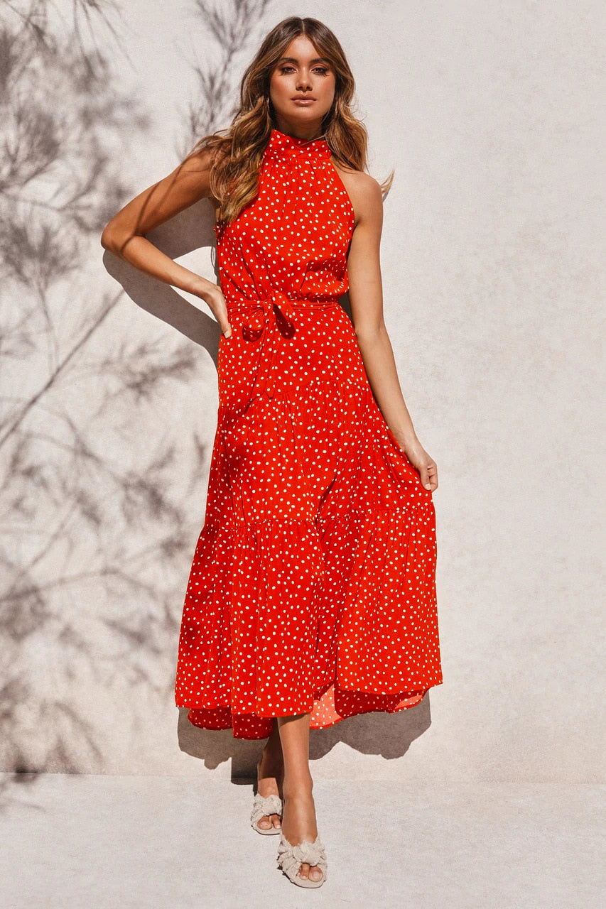 Sommer langes Kleid Polka Dot Freizeitkleider Schwarz Halfter trägerlos, gelbes Sommerkleid Urlaubskleidung für Frauen