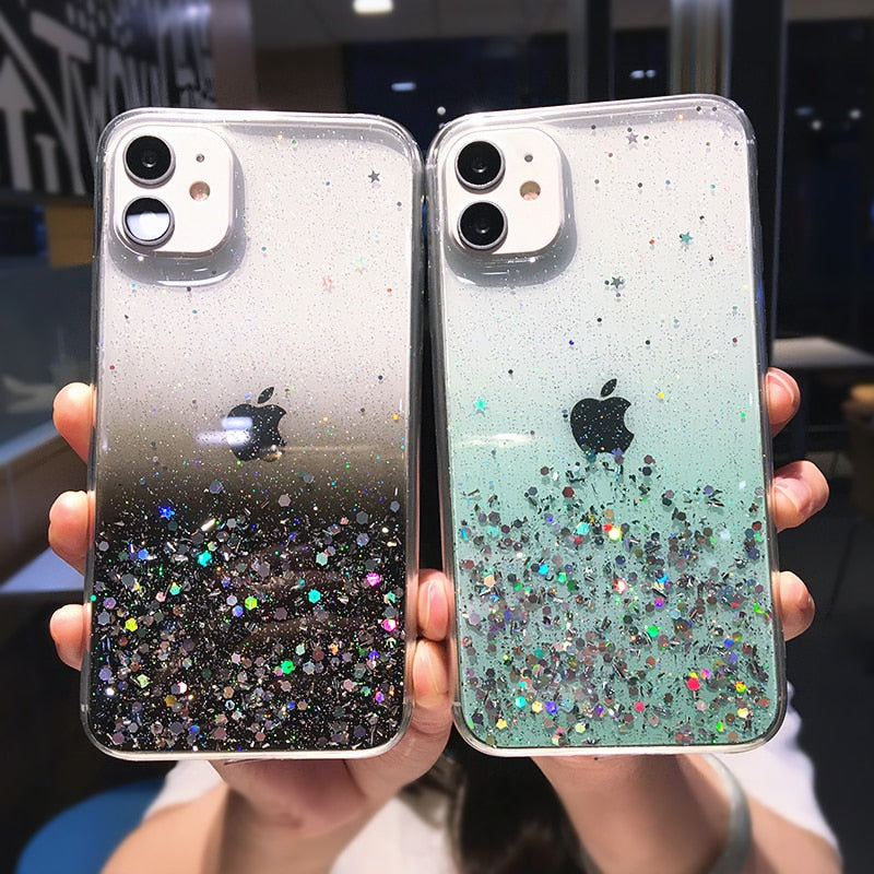 Coque de téléphone à paillettes transparentes pour iPhone 13 12 Pro 11 14 Pro Max XS Max XR X 7 8 Plus SE 2020 Coque à paillettes arc-en-ciel dégradé mignon