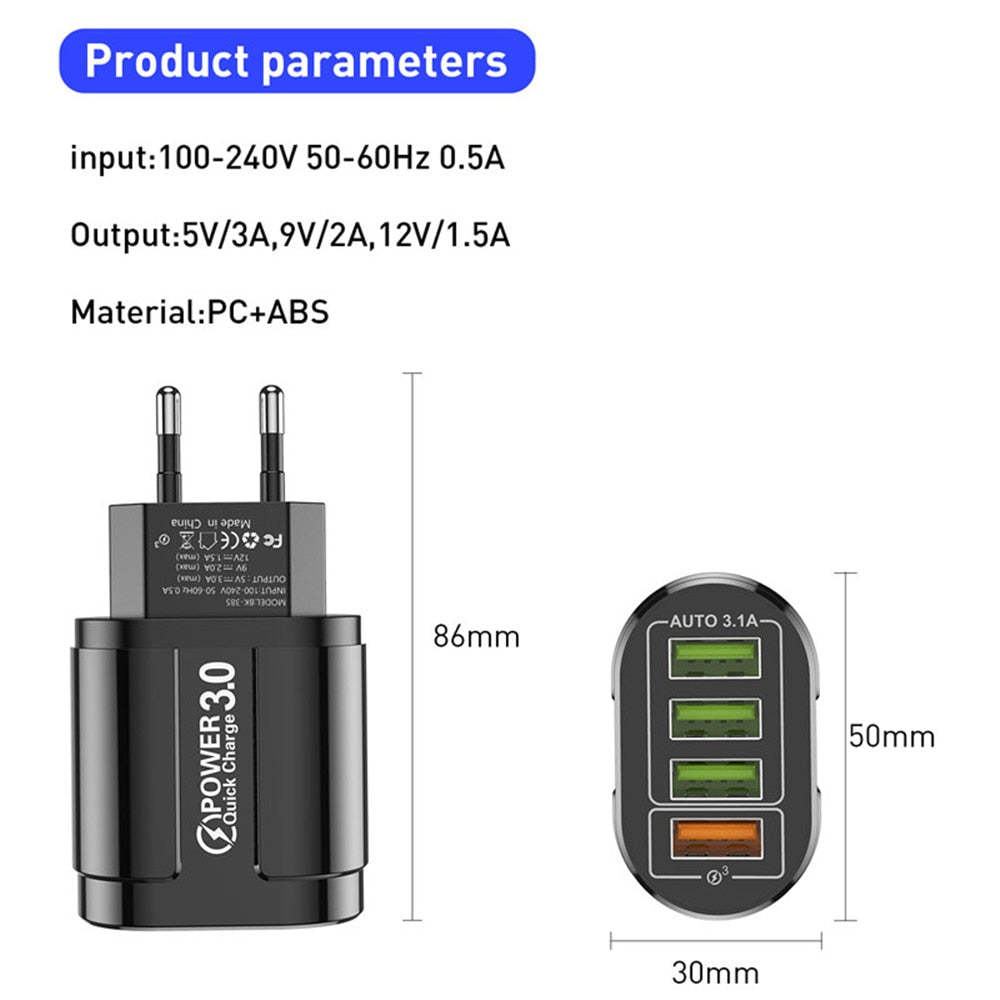 48 W USB-Ladegerät Schnellladung QC 3.0 Wandaufladung für iPhone 14 13 Samsung Xiaomi Mobile 4 Ports EU US Plug Adapter Travel