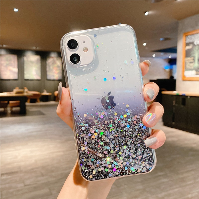 Klare Glitzer-Telefonhülle für iPhone 13 12 Pro 11 14 Pro Max XS Max XR X 7 8 Plus SE 2020 Niedlicher Regenbogen-Pailletten-Coque mit Farbverlauf