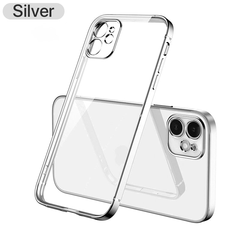 Luxusbeschichtung, quadratischer Rahmen, transparente Silikonhülle für iPhone 11 12 13 14 Pro Max Mini X XR 7 8 Plus SE 3, transparente Rückseite