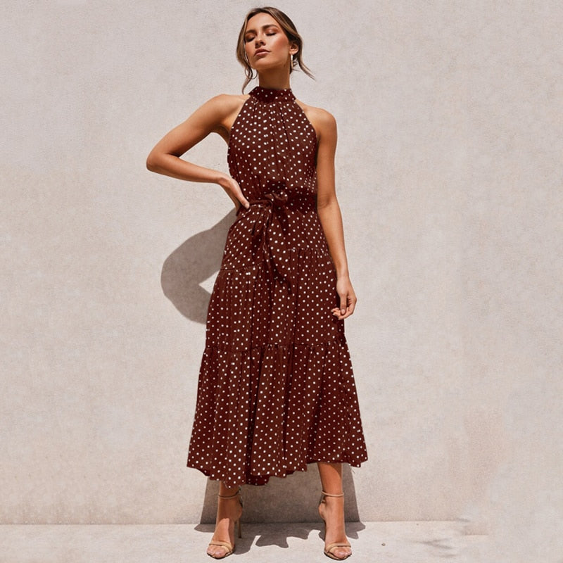 Sommer langes Kleid Polka Dot Freizeitkleider Schwarz Halfter trägerlos, gelbes Sommerkleid Urlaubskleidung für Frauen