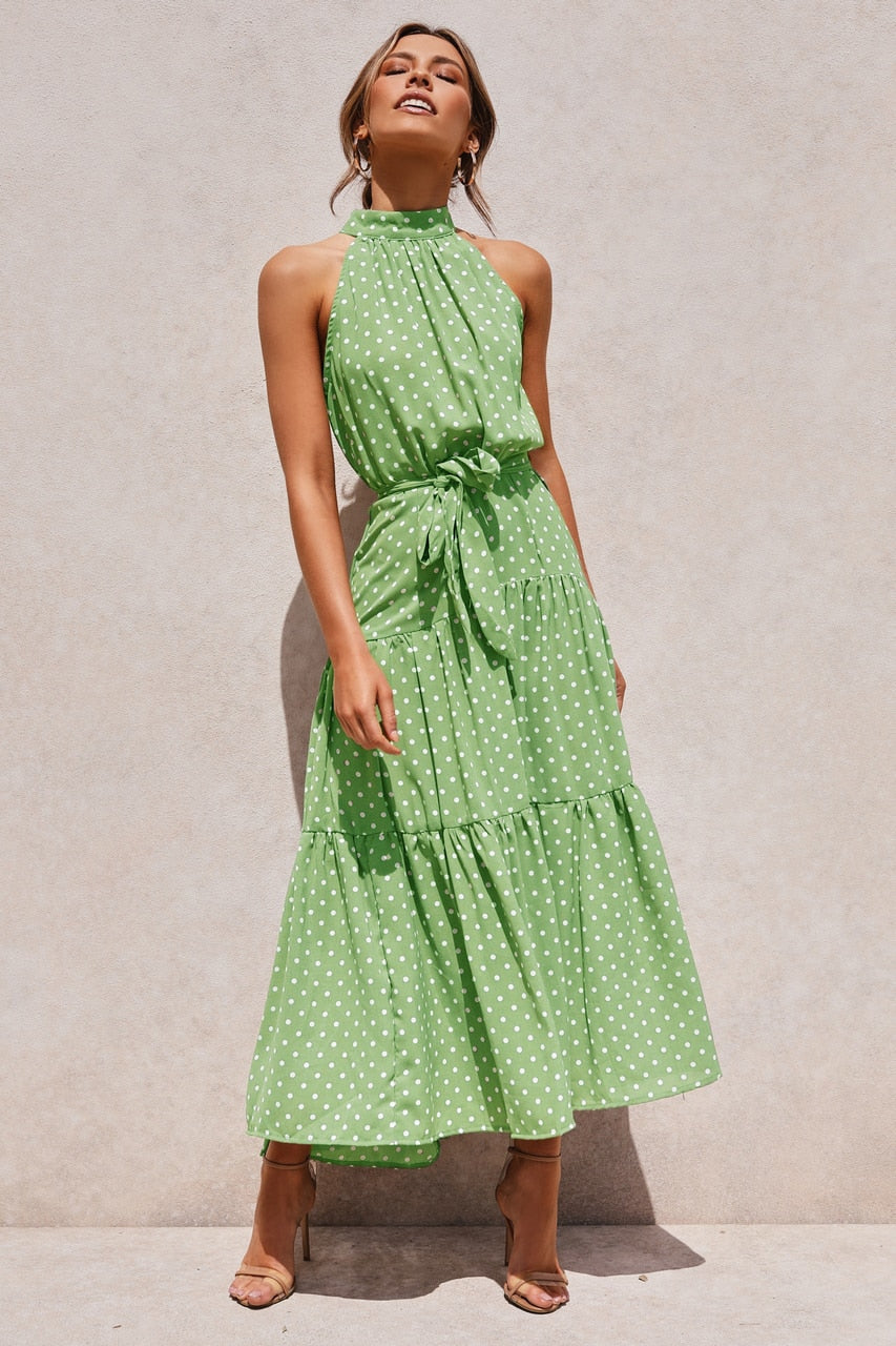 Sommer langes Kleid Polka Dot Freizeitkleider Schwarz Halfter trägerlos, gelbes Sommerkleid Urlaubskleidung für Frauen