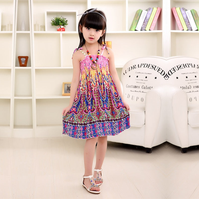 Summer Girls Floral Dress Sling Ruffles Bohemian Beach Princess Dresses for Girl Clothing 2 / 6 / 8 / 12 Years With Necklace Gift