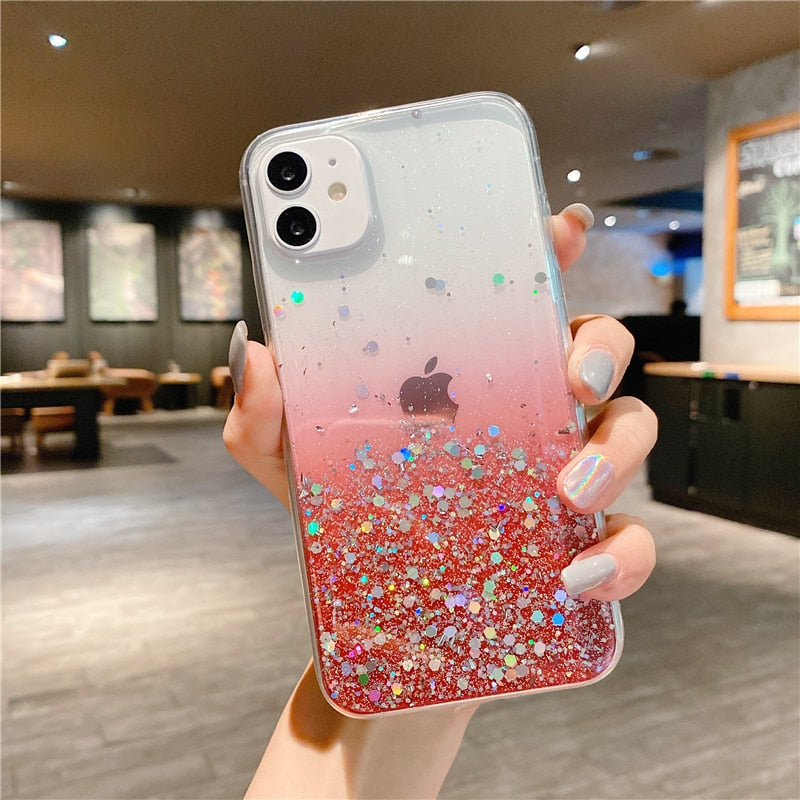 Coque de téléphone à paillettes transparentes pour iPhone 13 12 Pro 11 14 Pro Max XS Max XR X 7 8 Plus SE 2020 Coque à paillettes arc-en-ciel dégradé mignon