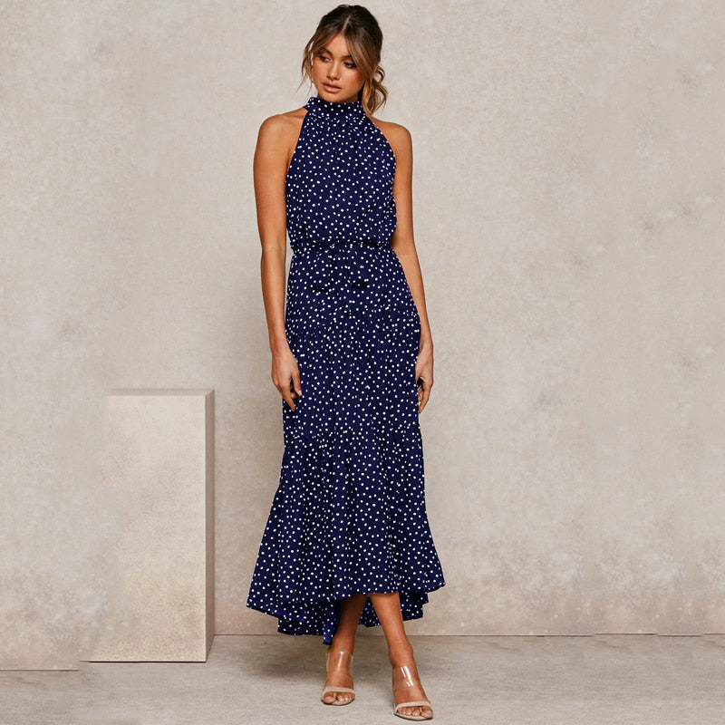 Sommer langes Kleid Polka Dot Freizeitkleider Schwarz Halfter trägerlos, gelbes Sommerkleid Urlaubskleidung für Frauen