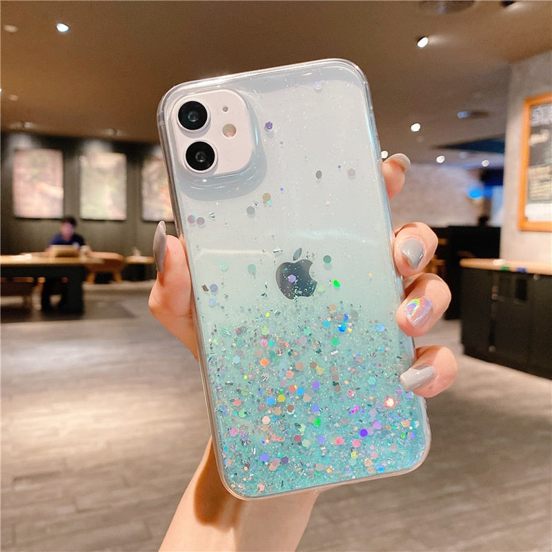 Coque de téléphone à paillettes transparentes pour iPhone 13 12 Pro 11 14 Pro Max XS Max XR X 7 8 Plus SE 2020 Coque à paillettes arc-en-ciel dégradé mignon