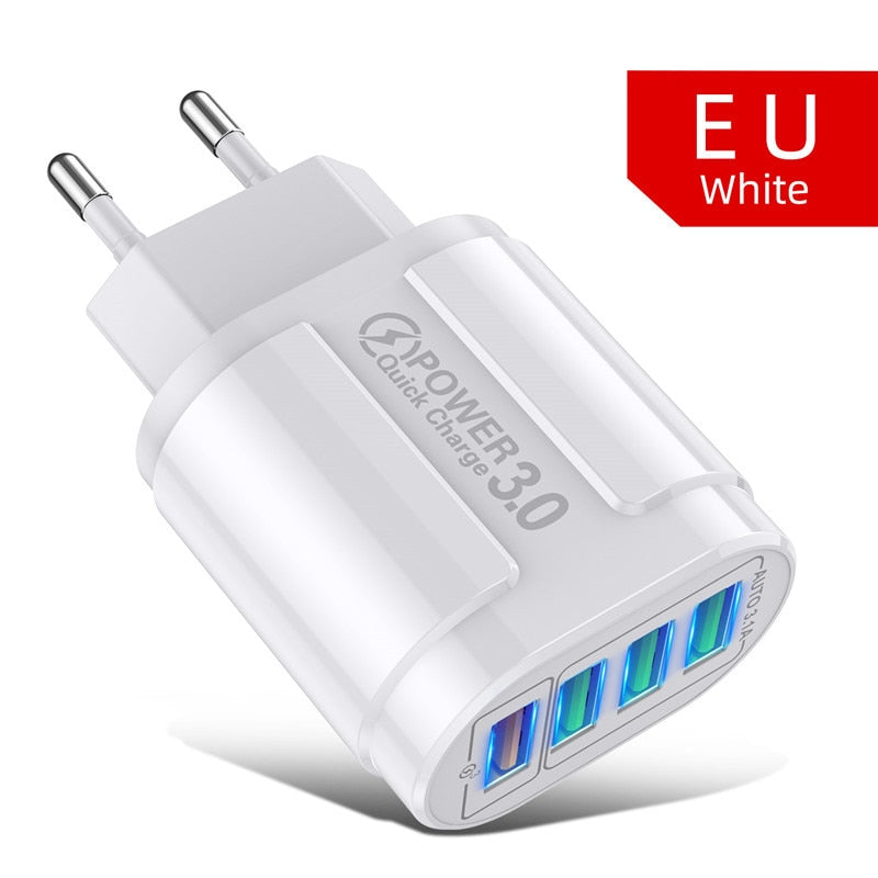 48W USB Charger Fast Charge QC 3.0 Wall Charging For iPhone 14 13 Samsung Xiaomi Mobile 4 Ports EU US Plug Adapter Travel