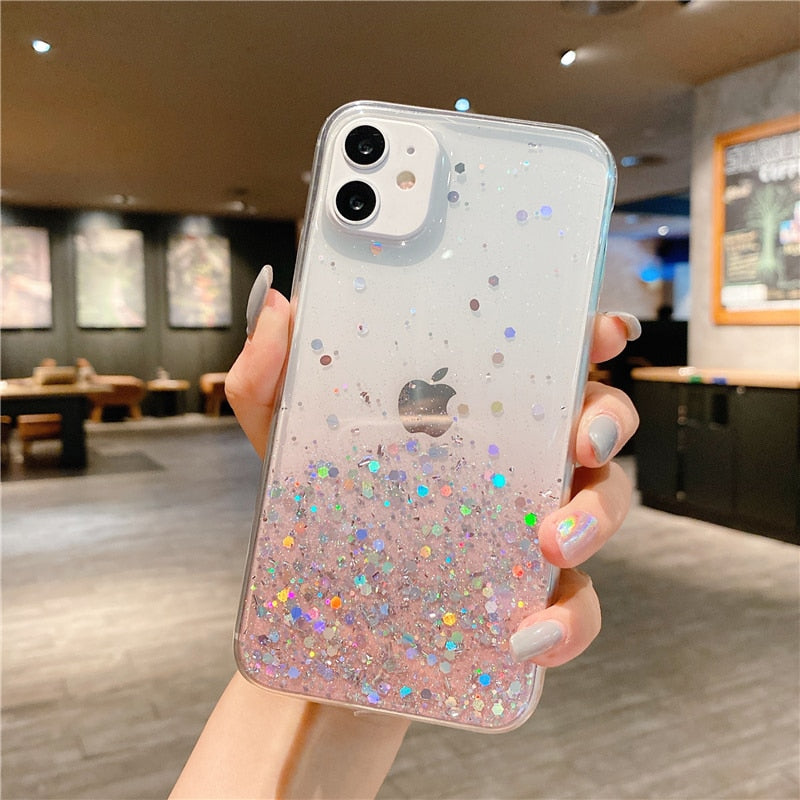 Coque de téléphone à paillettes transparentes pour iPhone 13 12 Pro 11 14 Pro Max XS Max XR X 7 8 Plus SE 2020 Coque à paillettes arc-en-ciel dégradé mignon