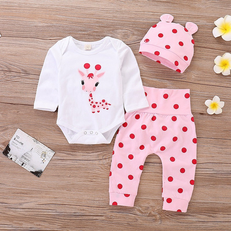 Frühling Herbst Baumwolle Neugeborenes Baby Mädchen Kleidung 0-3 Monate Polka Dot Unisex Säuglingskleidung Set Junge 3-teilige Kleidung mit Hut