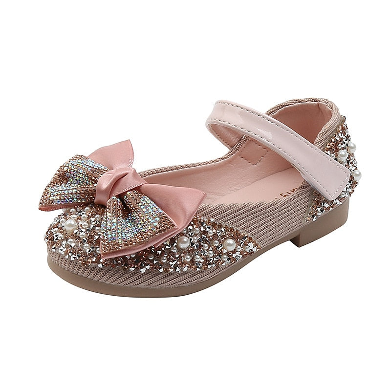 Children Leather Shoes Rhinestone Bow Princess Girls Party Dance Shoes Baby Student Flats Kids Performance Shoes