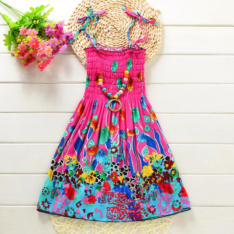 Summer Girls Floral Dress Sling Ruffles Bohemian Beach Princess Dresses for Girl Clothing 2 / 6 / 8 / 12 Years With Necklace Gift