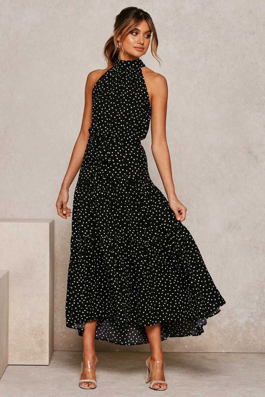 Sommer langes Kleid Polka Dot Freizeitkleider Schwarz Halfter trägerlos, gelbes Sommerkleid Urlaubskleidung für Frauen