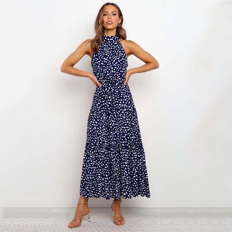 Sommer langes Kleid Polka Dot Freizeitkleider Schwarz Halfter trägerlos, gelbes Sommerkleid Urlaubskleidung für Frauen