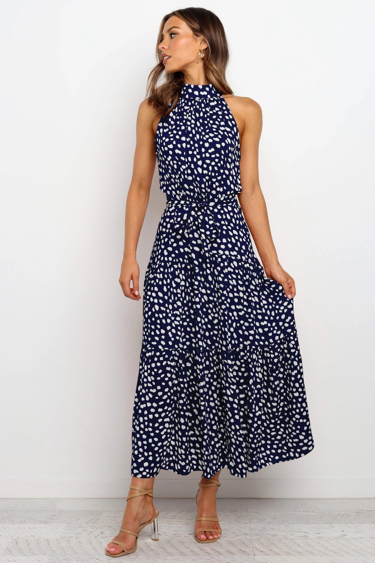 Sommer langes Kleid Polka Dot Freizeitkleider Schwarz Halfter trägerlos, gelbes Sommerkleid Urlaubskleidung für Frauen