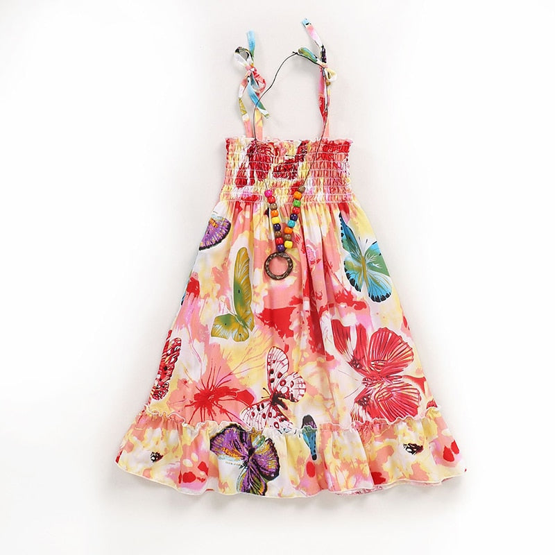 Summer Girls Floral Dress Sling Ruffles Bohemian Beach Princess Dresses for Girl Clothing 2 / 6 / 8 / 12 Years With Necklace Gift