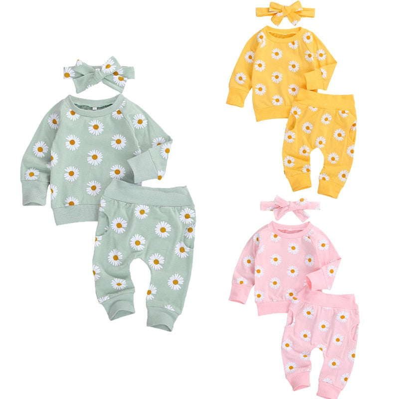 Enfant en bas âge nouveau-né bébé fille 0-24M, ensemble de vêtements d'automne marguerite haut en coton imprimé pantalons longs 2 pièces tenues