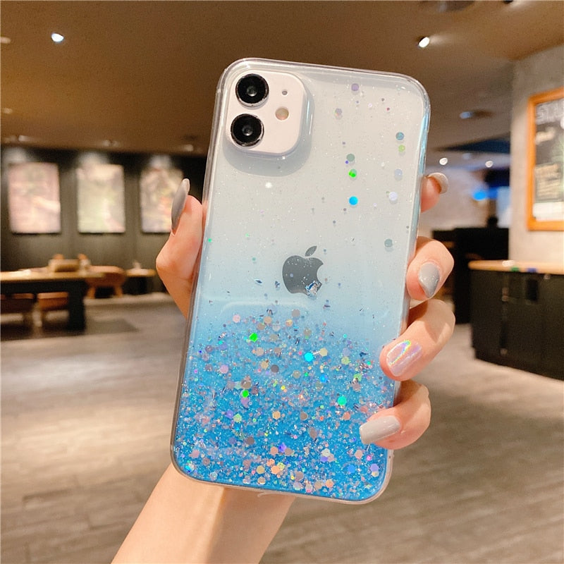 Coque de téléphone à paillettes transparentes pour iPhone 13 12 Pro 11 14 Pro Max XS Max XR X 7 8 Plus SE 2020 Coque à paillettes arc-en-ciel dégradé mignon