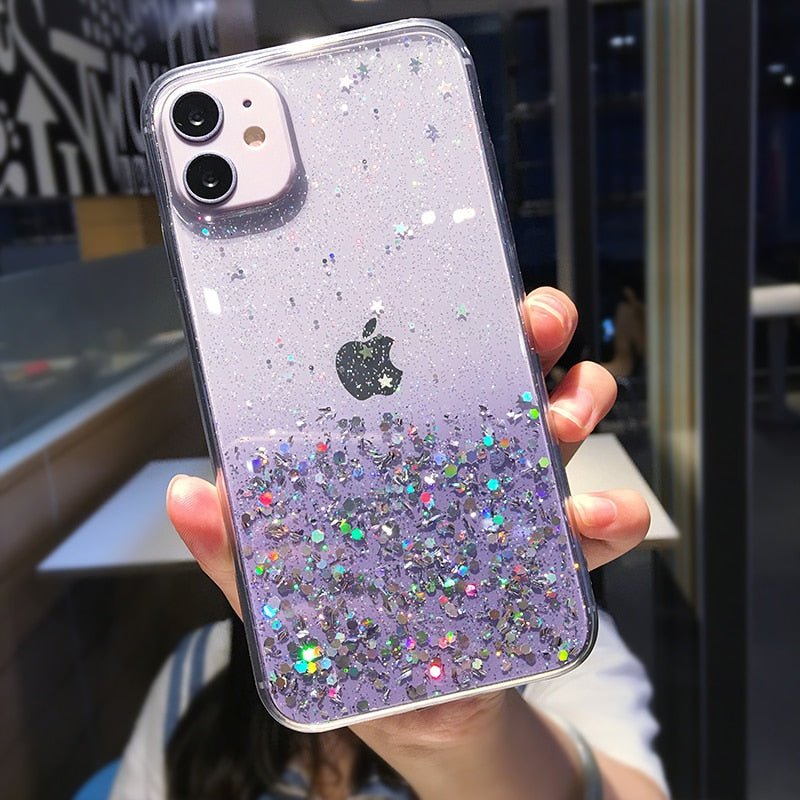 Klare Glitzer-Telefonhülle für iPhone 13 12 Pro 11 14 Pro Max XS Max XR X 7 8 Plus SE 2020 Niedlicher Regenbogen-Pailletten-Coque mit Farbverlauf