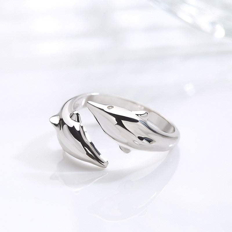 Simple Fashion Silver Color Feather Dolphin Adjustable Ring Exquisite Jewelry Ring For Women Party Wedding Engagement Gift