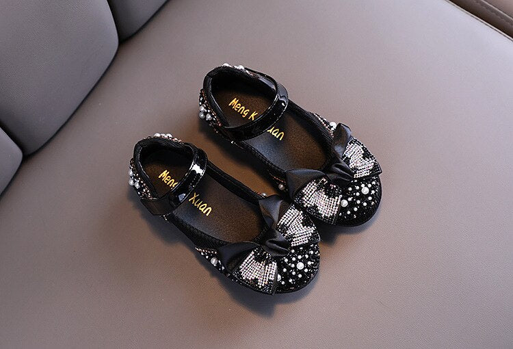 Children Leather Shoes Rhinestone Bow Princess Girls Party Dance Shoes Baby Student Flats Kids Performance Shoes