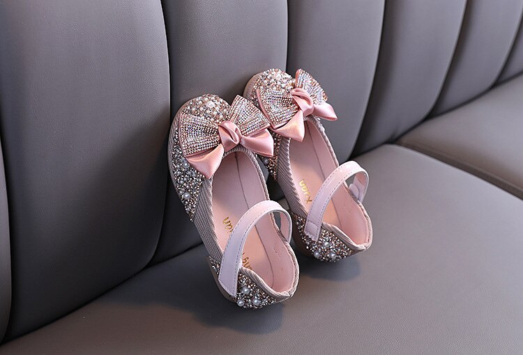 Children Leather Shoes Rhinestone Bow Princess Girls Party Dance Shoes Baby Student Flats Kids Performance Shoes