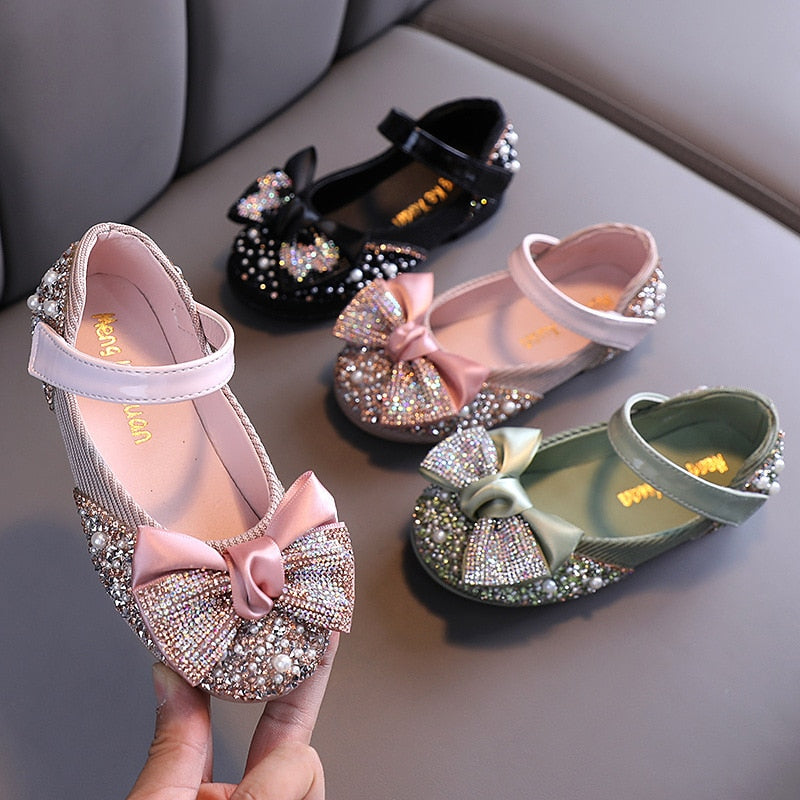 Children Leather Shoes Rhinestone Bow Princess Girls Party Dance Shoes Baby Student Flats Kids Performance Shoes