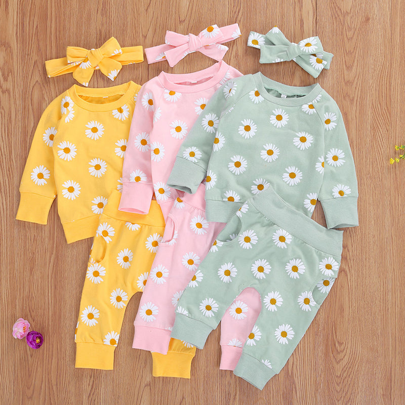 Toddler Newborn Infant Baby Girl 0-24M, Autumn Clothing Set  Daisy Printed Cotton Top Long pants 2Pcs Outfits