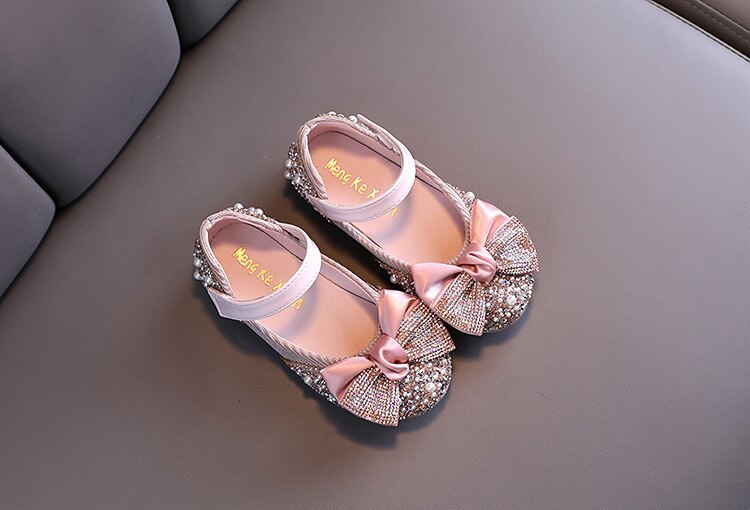 Children Leather Shoes Rhinestone Bow Princess Girls Party Dance Shoes Baby Student Flats Kids Performance Shoes