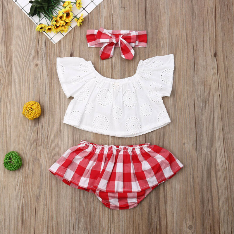 3er Set 0-24M Neugeborenes Baby Mädchen Kleidung niedlich Sommer schulterfrei Spitze Tops + rotes kariertes kurzes Kleid Stirnband Outfit