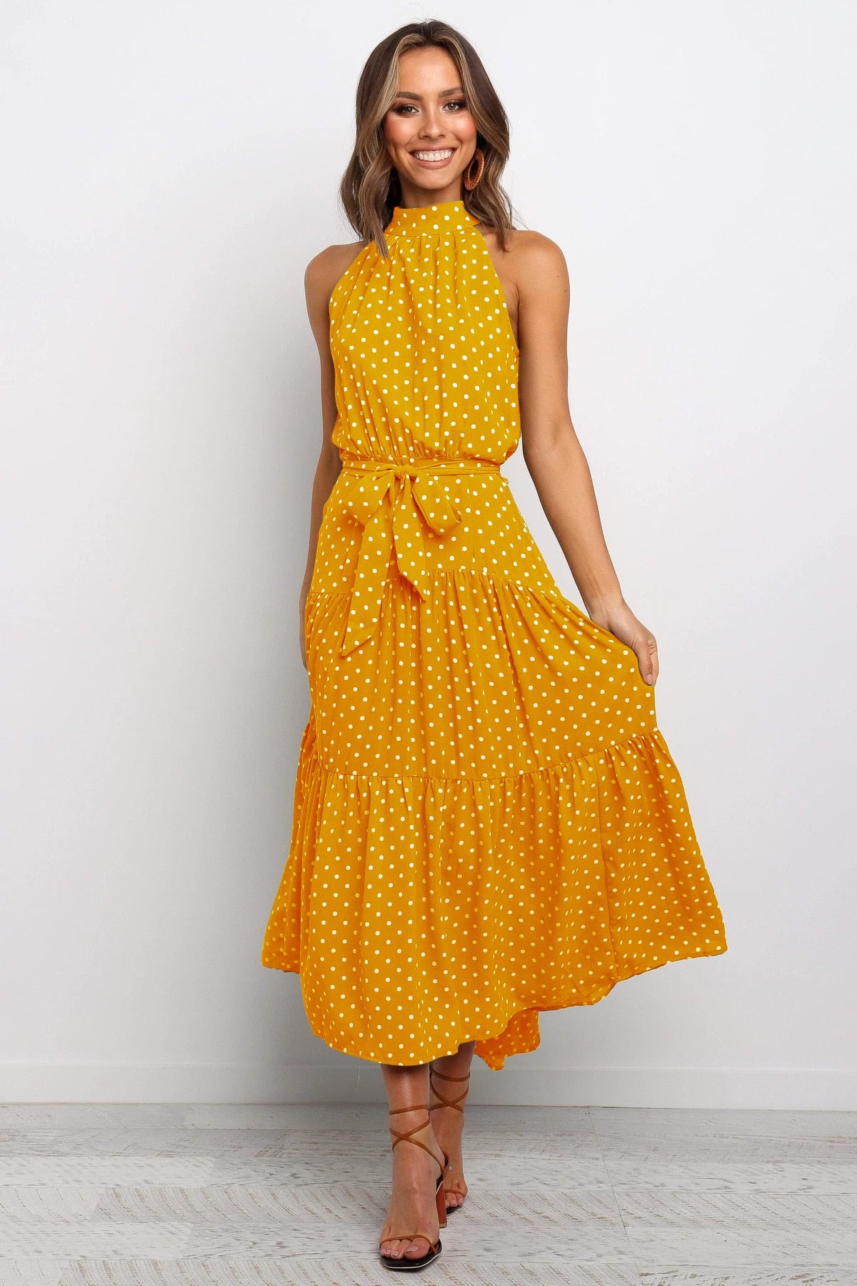 Sommer langes Kleid Polka Dot Freizeitkleider Schwarz Halfter trägerlos, gelbes Sommerkleid Urlaubskleidung für Frauen