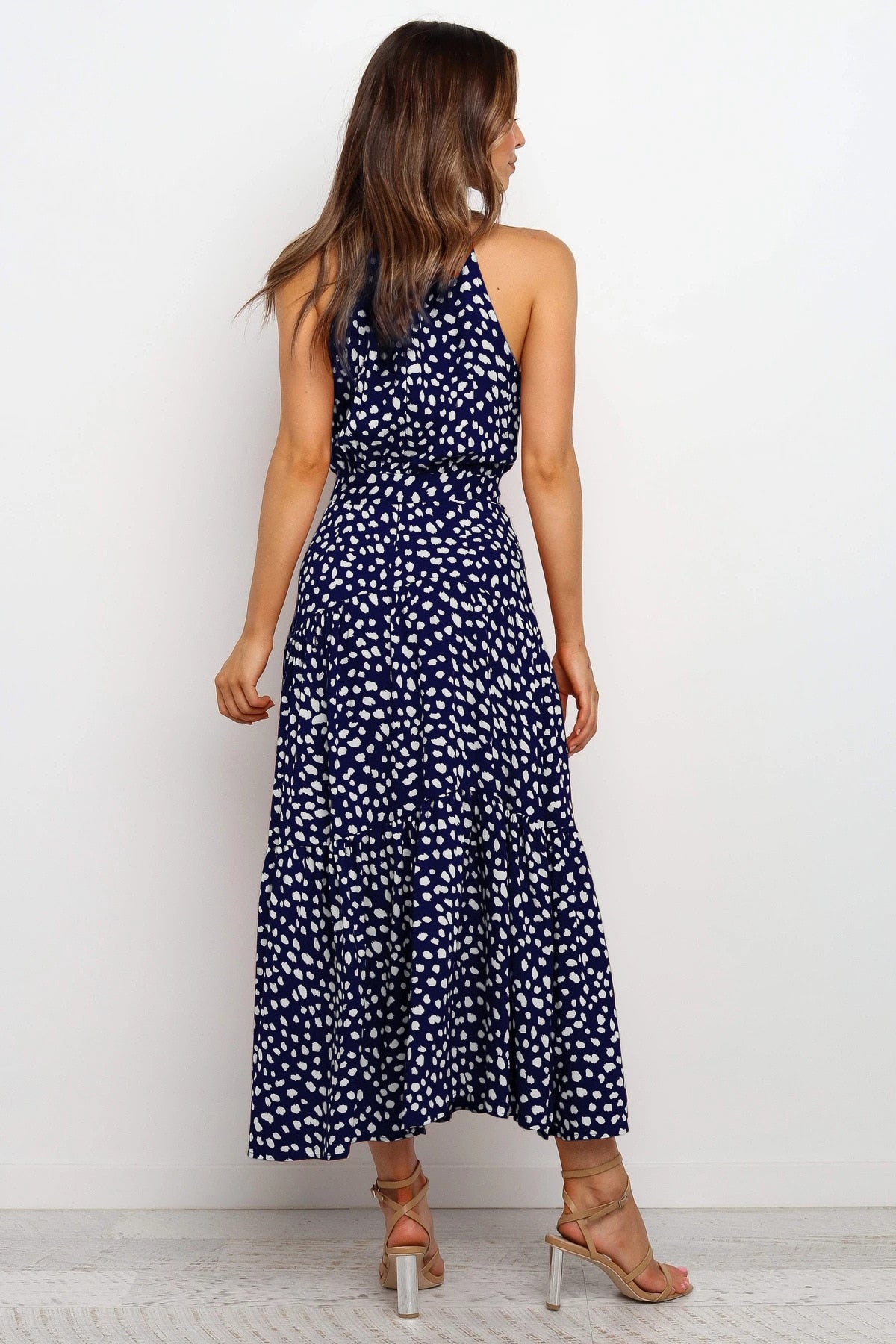 Sommer langes Kleid Polka Dot Freizeitkleider Schwarz Halfter trägerlos, gelbes Sommerkleid Urlaubskleidung für Frauen