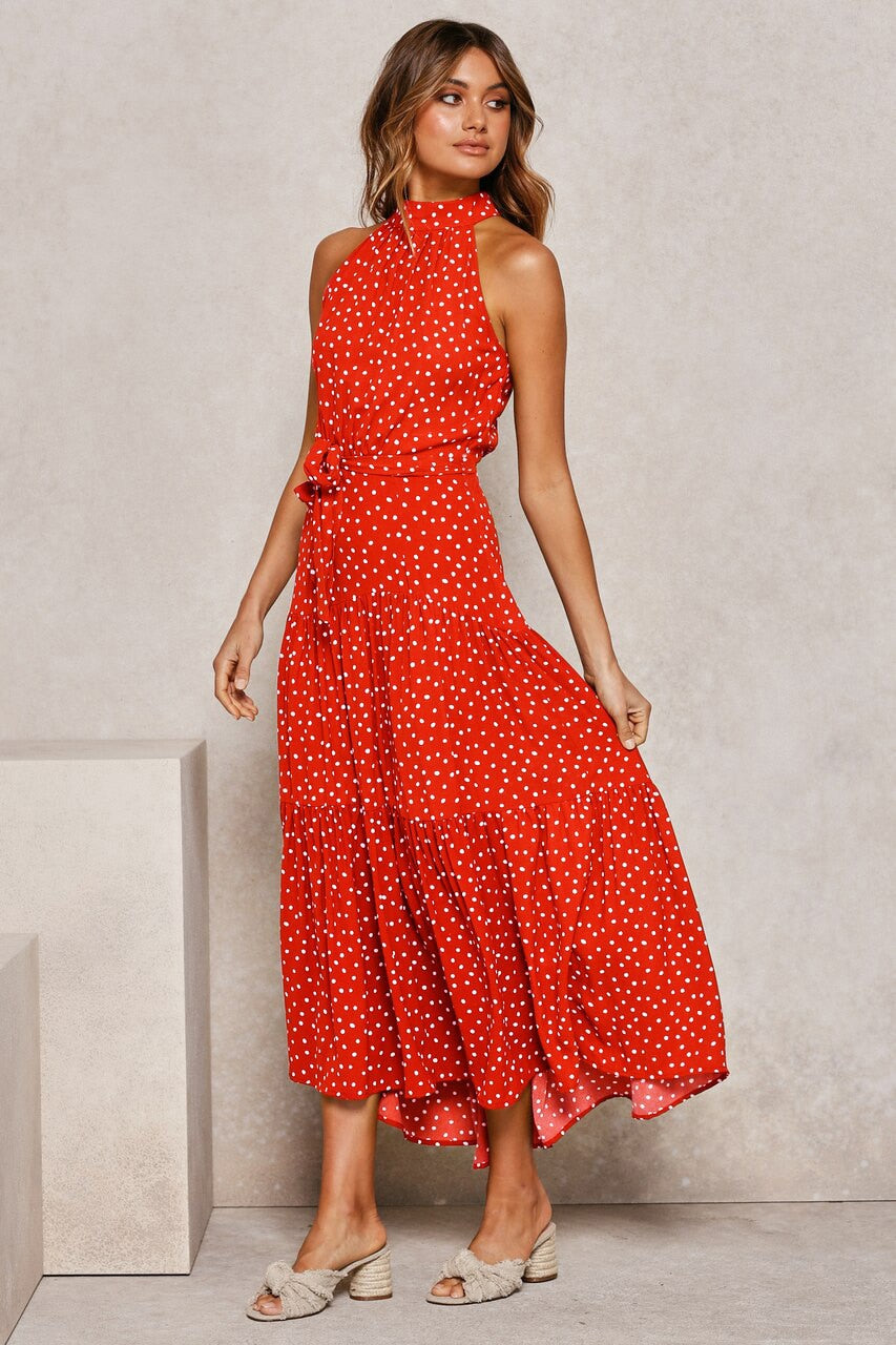 Sommer langes Kleid Polka Dot Freizeitkleider Schwarz Halfter trägerlos, gelbes Sommerkleid Urlaubskleidung für Frauen