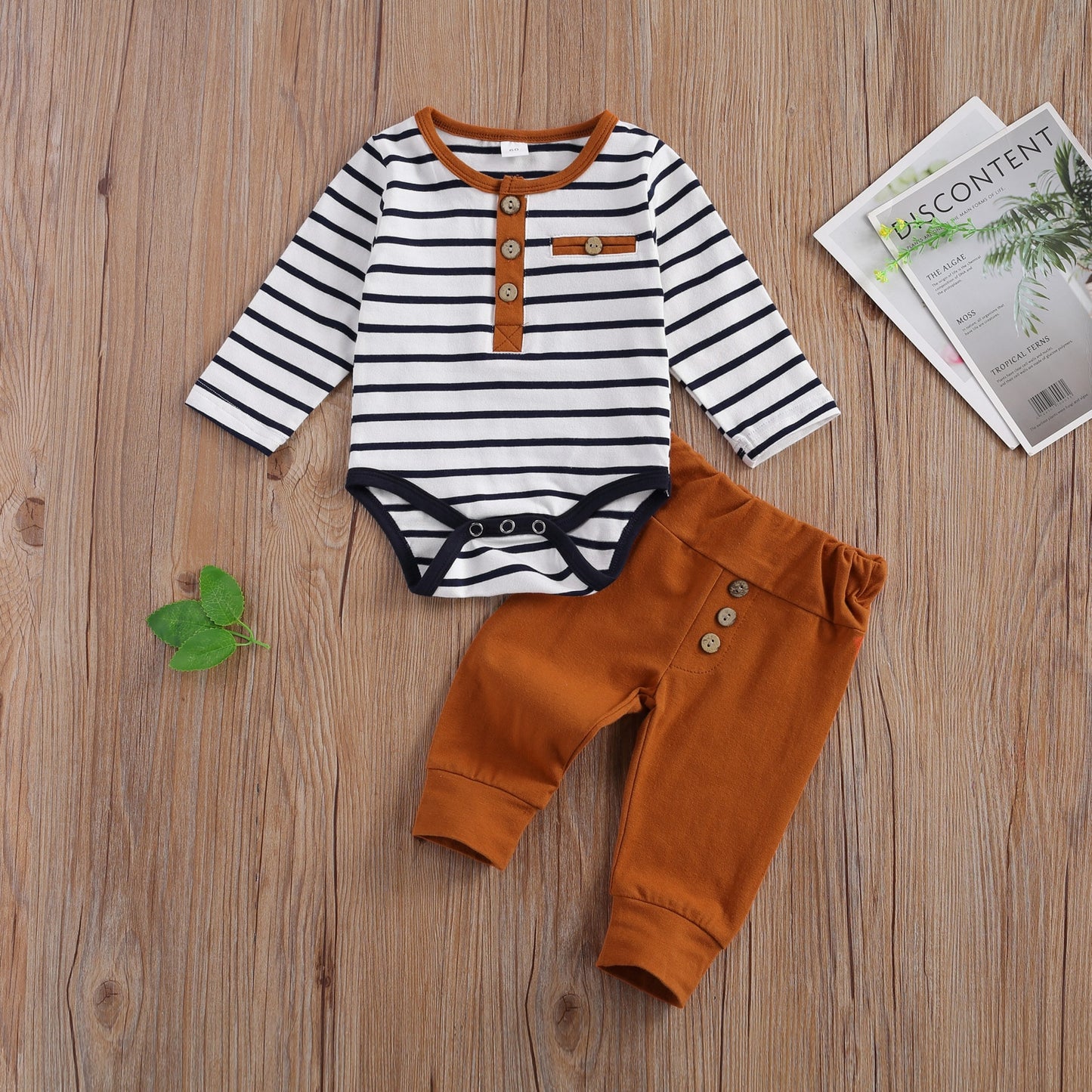 2 Stück Baby Jungen Mädchen Casual Anzug Kleidung Rundhals Langarm Streifen Strampler Knopf Dekoration Lose Hosen