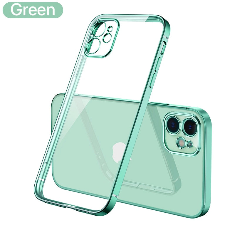 Luxusbeschichtung, quadratischer Rahmen, transparente Silikonhülle für iPhone 11 12 13 14 Pro Max Mini X XR 7 8 Plus SE 3, transparente Rückseite