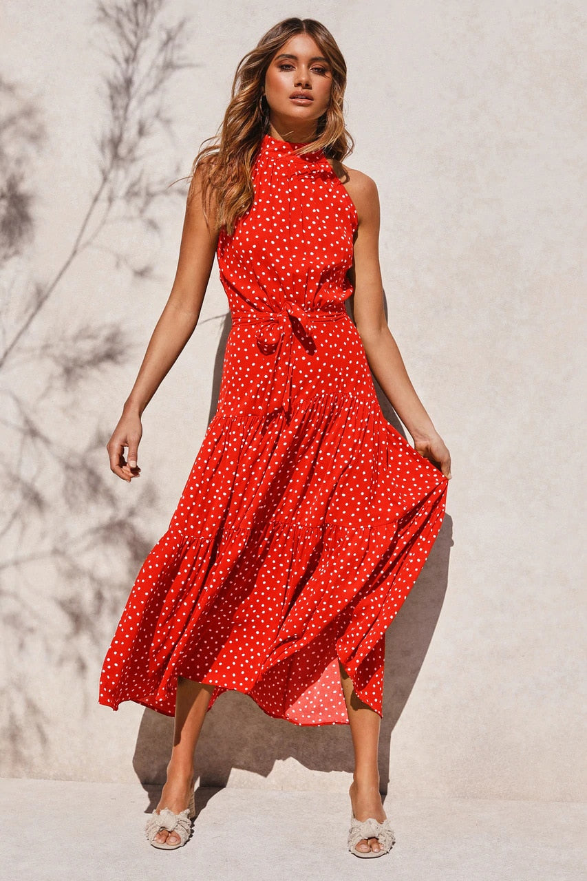 Sommer langes Kleid Polka Dot Freizeitkleider Schwarz Halfter trägerlos, gelbes Sommerkleid Urlaubskleidung für Frauen