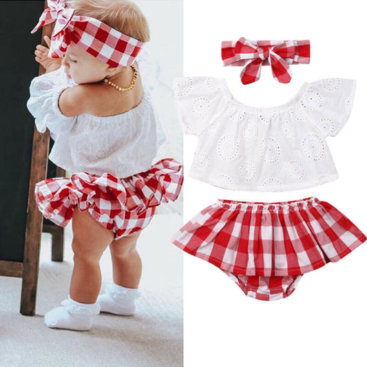 3Pcs Set 0-24M Newborn Baby Girl Clothes Cute Summer Off Shoulder Lace Tops+ Red Plaid Short Dress Headband Outfit