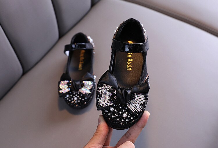 Children Leather Shoes Rhinestone Bow Princess Girls Party Dance Shoes Baby Student Flats Kids Performance Shoes