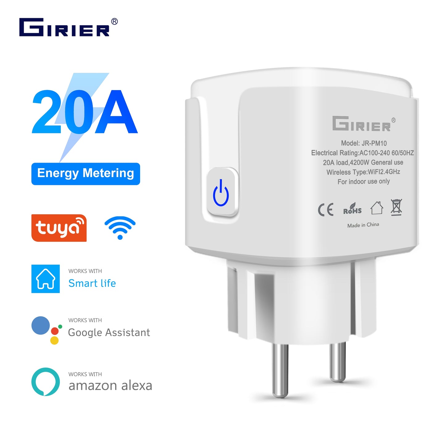 Wifi Smart Plug 20A EU Smart Socket Outlet with Power Monitor Timer Function 4200W Compatible with Alexa Google Home