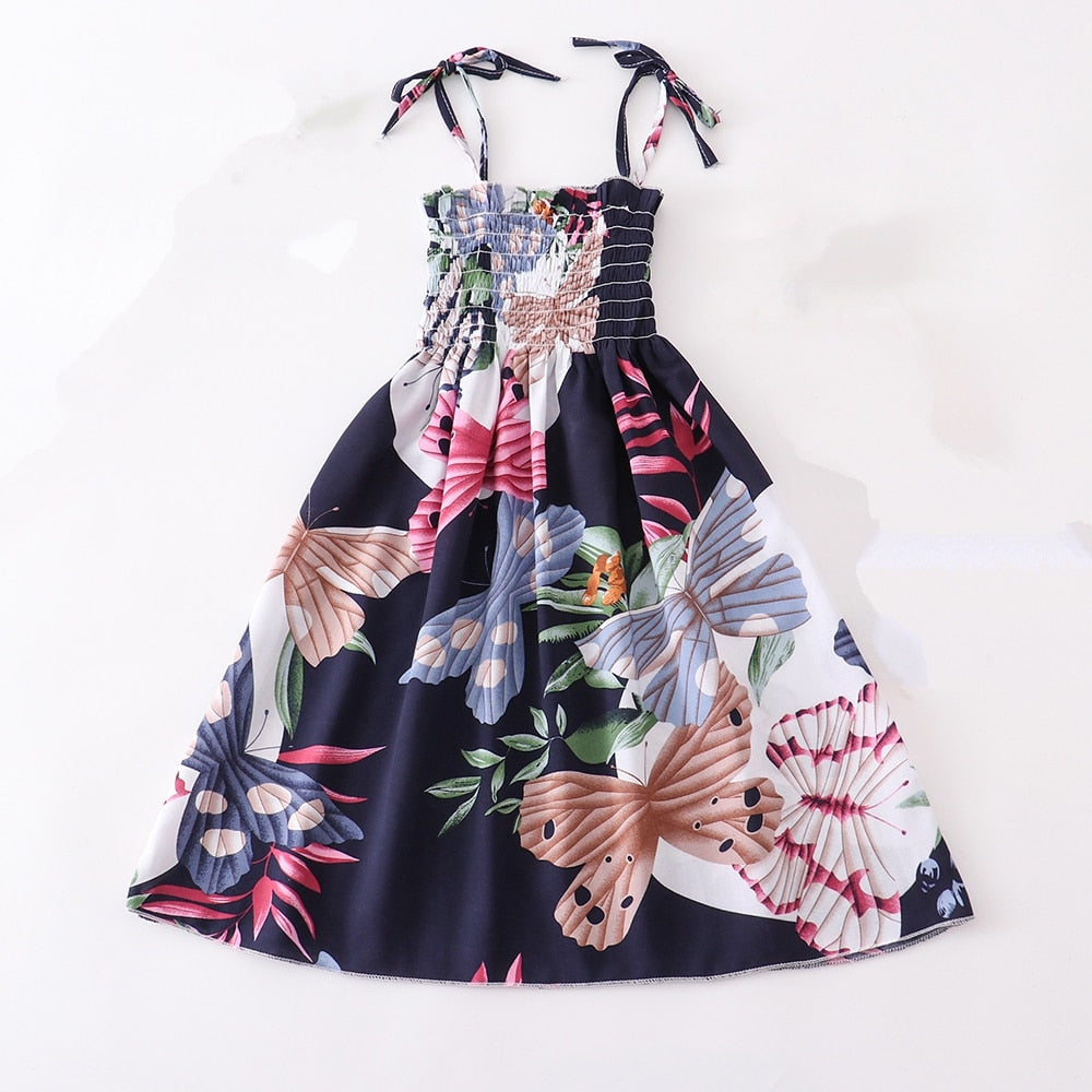 Summer Girls Floral Dress Sling Ruffles Bohemian Beach Princess Dresses for Girl Clothing 2 / 6 / 8 / 12 Years With Necklace Gift