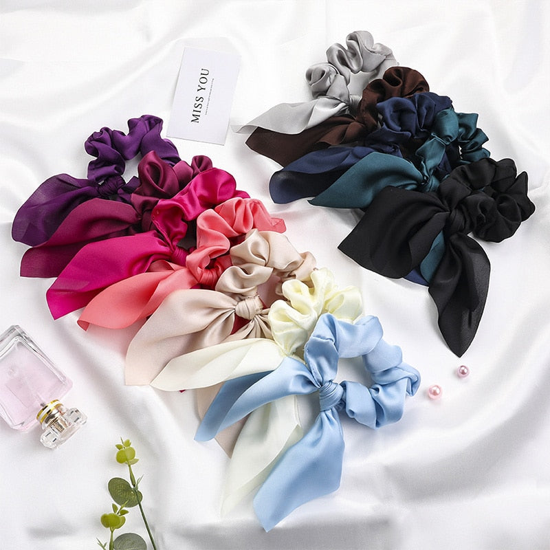 Chiffon Bowknot Elastic Hair Bands For Women Girls Solid Color Scrunchies Headband Hair Ties Ponytail Holder Hair Accessorie