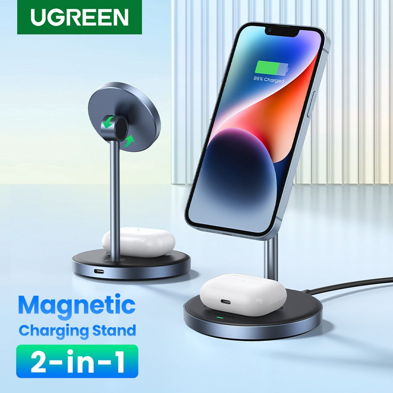 Magnetisches kabelloses Ladegerät, Ständer mit maximaler Leistung von 20 W, 2-in-1-Ladeständer, iPhone, AirPods, Schnellladegerät