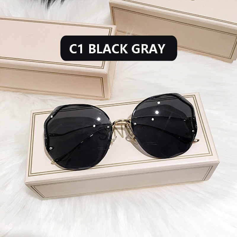 Fashion Tea Gradient Sunglasses Women Ocean Water Cut Trimmed Lens Metal Curved Temples Sun Glasses Female UV400