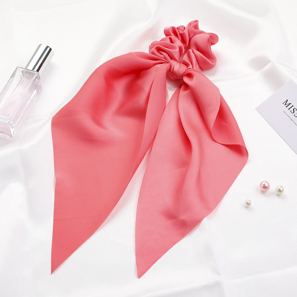 Fashion Solid Color Bow Satin Long Ribbon Ponytail Scarf Hair Tie Scrunchies Women Girls Elastic Hair Bands Hair Accessories