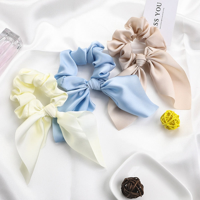 Chiffon Bowknot Elastic Hair Bands For Women Girls Solid Color Scrunchies Headband Hair Ties Ponytail Holder Hair Accessorie