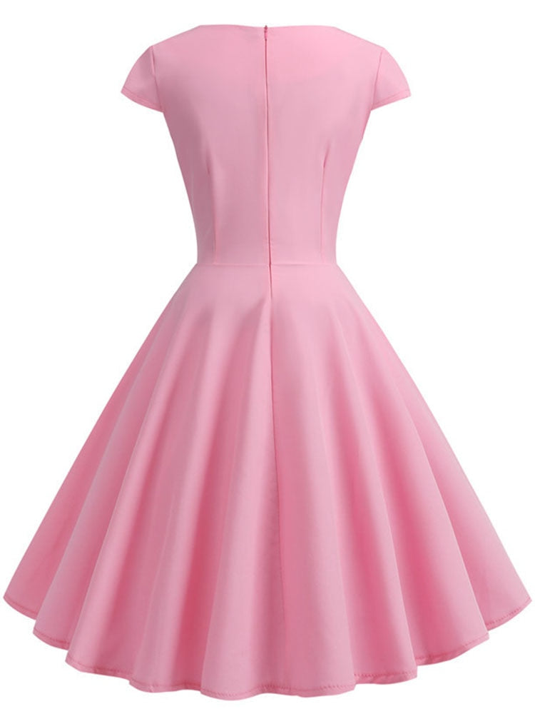 Rosa Sommerkleid Damen V-Ausschnitt Big Swing Vintage Kleid Robe Femme Elegant Retro Pin Up Party Büro Midi Kleider