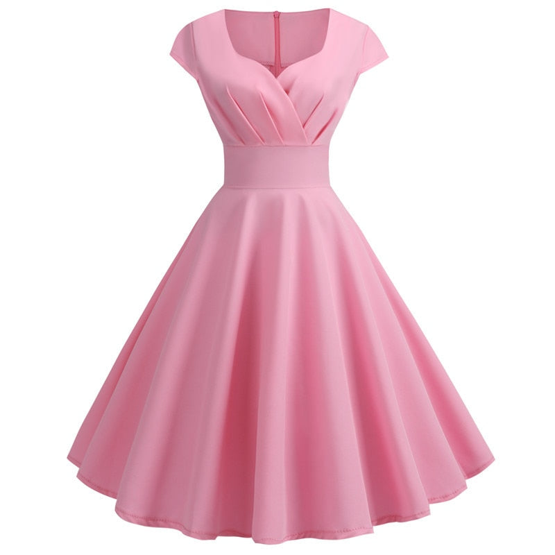 Rosa Sommerkleid Damen V-Ausschnitt Big Swing Vintage Kleid Robe Femme Elegant Retro Pin Up Party Büro Midi Kleider