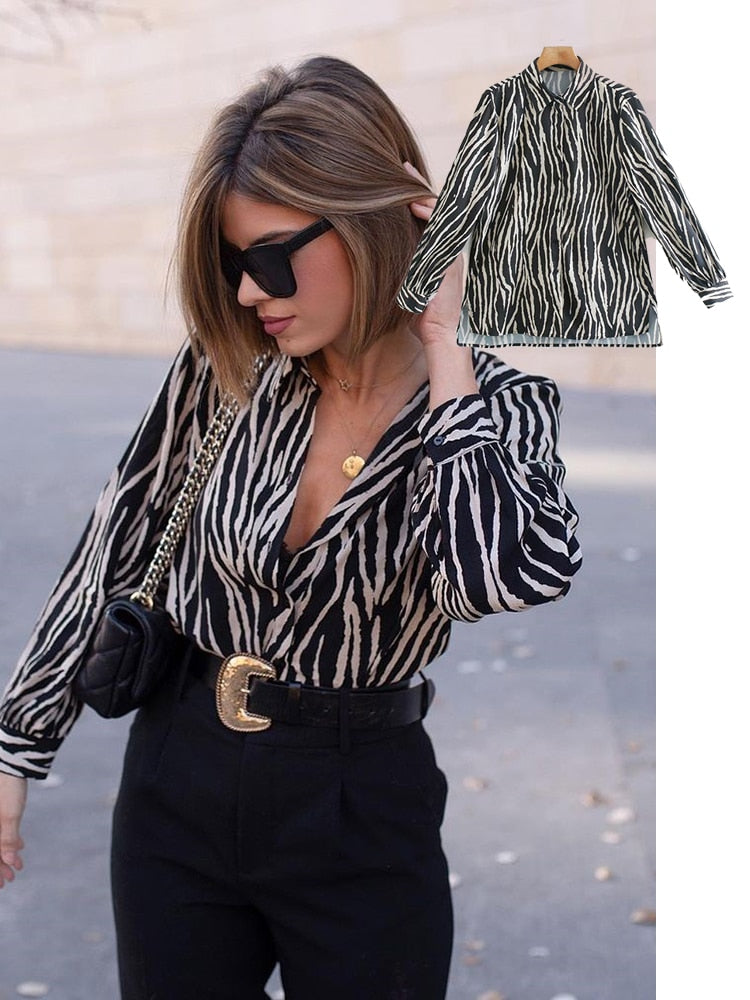 Frauen Satinbluse Langarm Zebradruck Hemden Vintage Büro Damen Tops Femme Chandails Mode