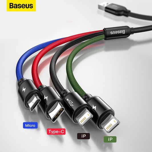 Baseus 3 in 1 USB Cable Type C Cable for Samsung, Xiaomi Mi, 4 in 1 Cable for iPhone 14 13 12 X 11 Pro Max Charger Micro USB Cable